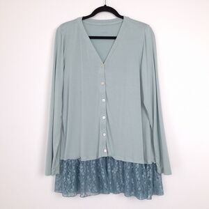 Logo Layers Lori Goldstein button up tunic top lace hem soft stretch jersey knit